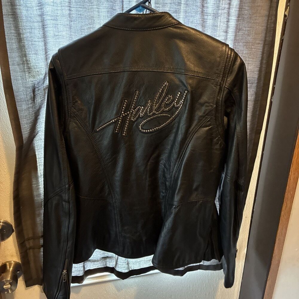 Harley Davidson Womens Medium Black Leather Rhinestone Jacket Moto Biker - Picture 11 of 12